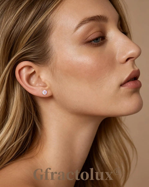 G23 Titanium 5 mm Cz Flatback Earrings Featuring Secure Screw Back 20 Gauge Posts Hypoallergenic Studs worn on model's ear.