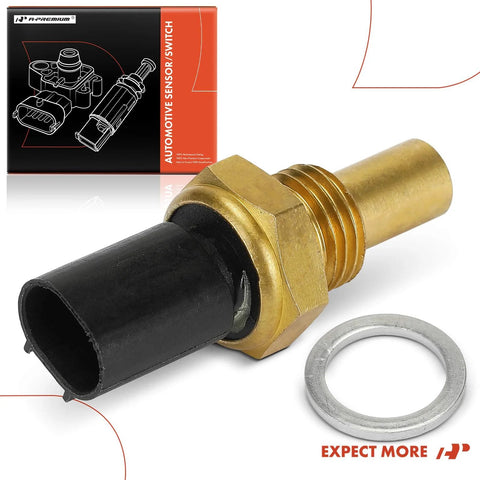 Side view of A-Premium engine coolant temperature sensor with 2-pin connector, brass body and metal washer