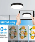 Sleek Black Flush Mount LED Ceiling Light Fixture 19.6 Inch 39W Modern Ceiling Lamp in use with CRI comparison chart