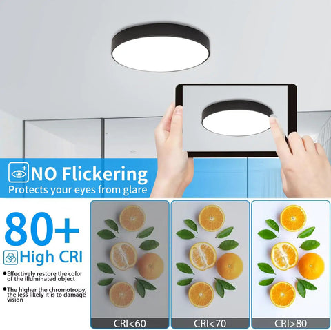 Sleek Black Flush Mount LED Ceiling Light Fixture 19.6 Inch 39W Modern Ceiling Lamp in use with CRI comparison chart