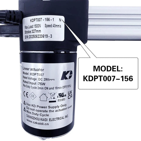 Rock Solid Linear Actuator Replacement For Power Recliner Lift Chairs Smooth Operator Motor KDPT007-156 Model close-up showing specs and labels.