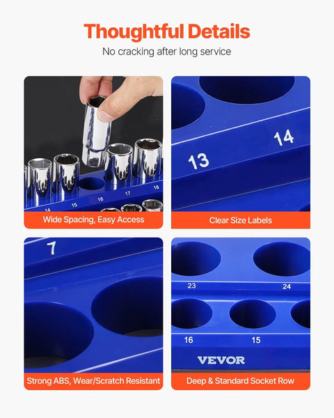 Top Tier Magnetic Socket Organizer Set Featuring Six Heavy Duty Holder Trays showing clear size labels and deep socket design.