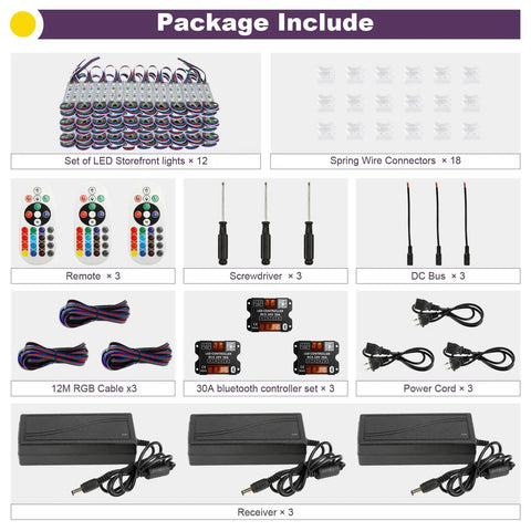 Package content for 120Ft SMD5050 RGB Storefront LED Lights With Smart Bluetooth Control 240 LEDs Waterproof Module Kit