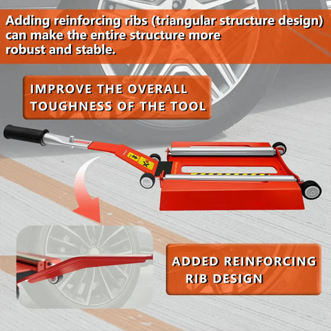 Upgraded Portable Roller Tire Jack With Double Ramp For Cars Trucks And SUVs showing reinforcing ribs for added stability.