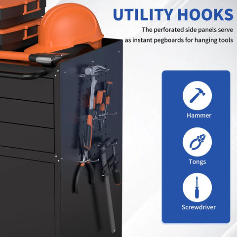 Three Foot Rolling Tool Cart With Lockable Swivel Casters Heavy Duty Three Drawer Storage Cabinet And Pegboard Organizer showing utility hooks for tool storage.