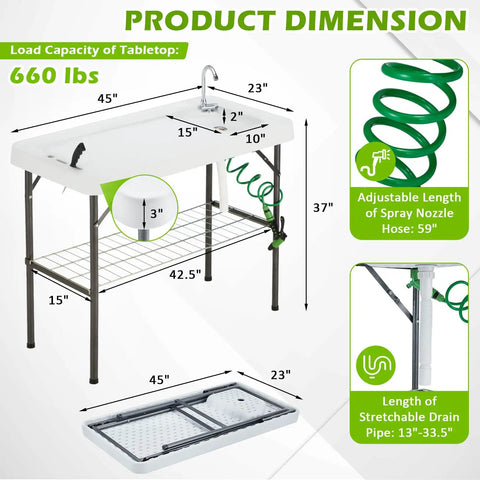 Folding Fish Cleaning Table With Collapsible Bucket And Faucet For Outdoor Camping Fillet Station dimensions and features illustration.
