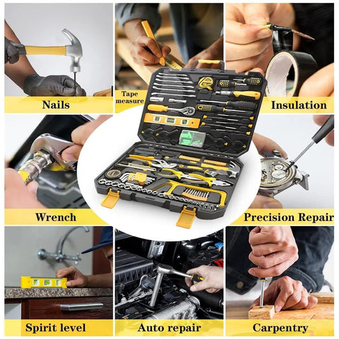 158-Piece Socket Wrench Auto Repair Tool Set With Toolbox Storage Case displayed with various tool uses like nails, spirit level, and carpentry.
