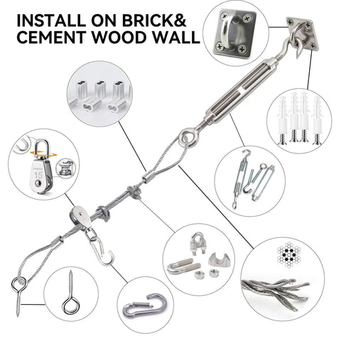 Heavy Duty Batting Cage Netting Tension Kit With 304 Stainless Steel Pulleys for secure installation on brick or cement walls.