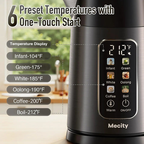 Electric Kettle 1.7L With Clear Touch Screen Temperature Control, Six Preset Temperatures Displayed, Dark Grey