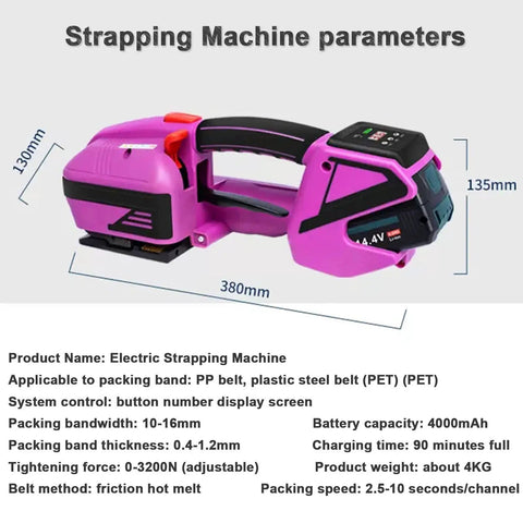 Cordless Electric Strapping Machine Automatic Pp Pet Strap Bander With Battery, pink handheld tool dimensions 380mm x 130mm.