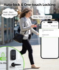 Woman walking outdoors using smartphone to control Slick WiFi Smart Door Lock For Front Door Keyless Entry Deadbolt.
