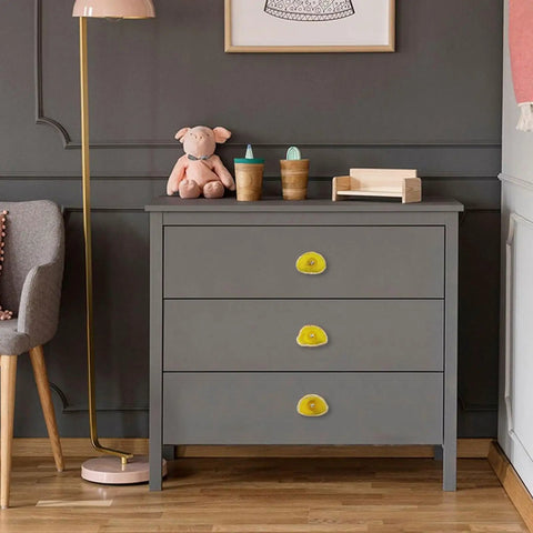 Get Your Hands On This Knockout Set Of Four Yellow Agate Slice Cabinet Knobs Featuring Real Geode Stone Slices With Included Screws To Amp Up Your Kitchen Cabinets And Drawers For A Chic Boho Vibe That Slaps, displayed on a gray dresser.