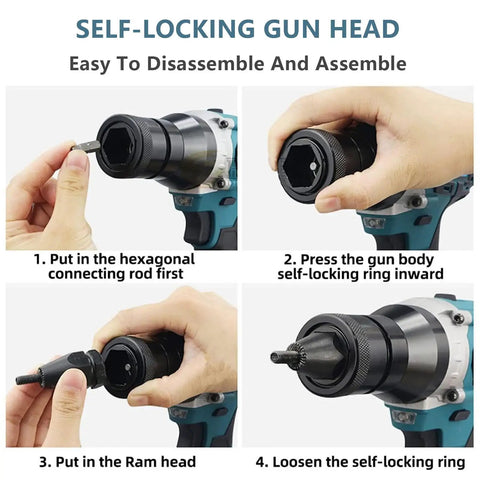 Self-locking gun head assembly steps for Heavy Duty 2 In 1 Cordless Rivet Nut Gun Set With Portable Pop Rivet Tool For M3 To M12 Sizes.