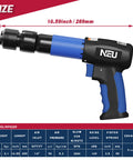 Air Hammer Chisel Kit With 4 Chisels And Quick Change Retainer, 2200 BPM, 250mm Barrel, Front Exhaust, size chart