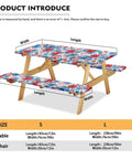 Floral Picnic Table And Bench Cover Set on wooden picnic table showing size dimensions in 72x30 inches.