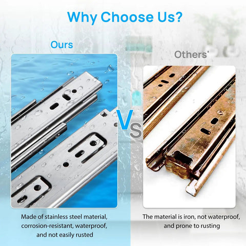 Comparison of stainless steel drawer slides and rust-prone iron slides, highlighting durability and rust resistance.
