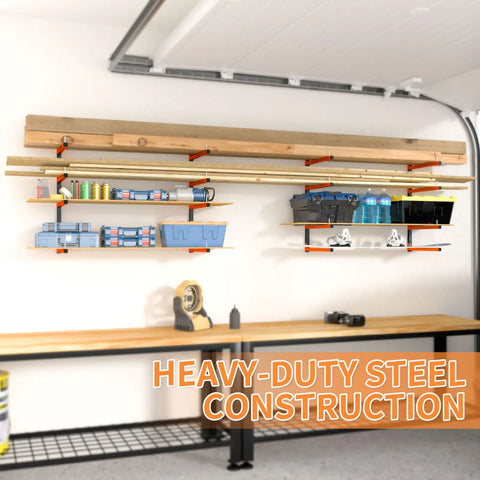 Hella Strong Wall Mount Lumber Rack With Eight Adjustable Levels Holding 1040 Lbs For Stacked Boards Inside Your Garage Workshop Or Home Basement Storage Rack, featuring wooden boards and organized tools.