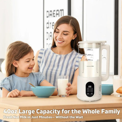 Mother and daughter using All In One Nut Milk Maker For Almond, Oat, Soy Milk And Plant Based Drinks, 40oz Capacity, 8 Functions