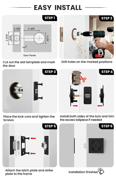 Installation guide for Matte Black Pocket Door Lock Set For Sliding Doors Square Pocket Door Hardware Kit.