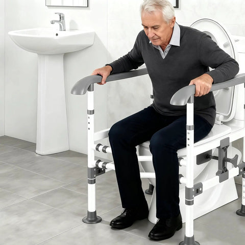 Top Shelf Heavy Duty Adjustable Toilet Safety Rails Featuring A Rock Solid Non Slip Grip aiding a senior man as he sits down on a toilet.