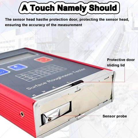 Close-up of Portable Roughness Tester Handheld Digital Profilometer showing sensor probe and protective door lid.