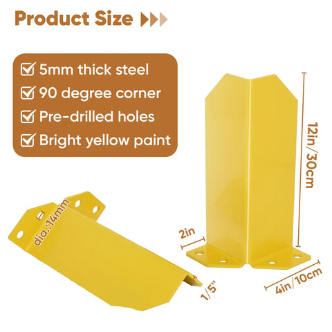 Built Tough 12 Inch Steel Pallet Rack Post Protectors With Ten Floor Anchor Bolts Warehouse Column Guards, bright yellow, 12x4x2 inch size