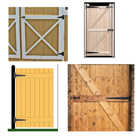 Heavy Duty T Hinge T Strap Gate Barn Fence Door Rustproof Black Metal Hinges With Counterbore M4 Screws 4 Pack 6 Inch shown on various gates.