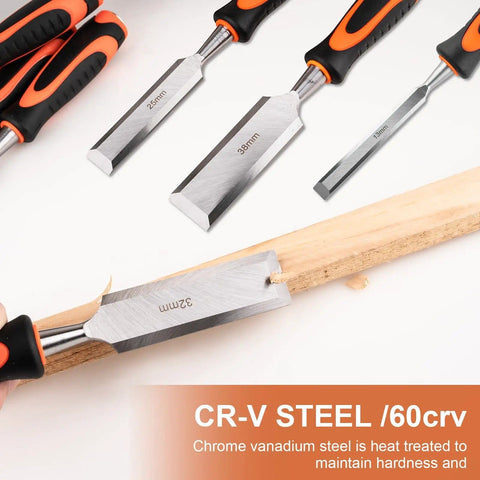 10 Piece Wood Chisel Set With Honing Guide And Sharpening Stone Includes Carpenter Pencils And Sharpener A Complete DIY And Pro Grade Woodworking Kit For Home Projects 6mm 13mm 19mm 25mm 32mm 38mm Chisels displayed with focus on chrome vanadium steel material.