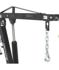 Beast Mode Hydraulic Pickup Truck Crane With 360 Degree Pivot And Integrated Hand Winch Built Legit For Up To Two Thousand Pound Vehicle Load Towing close-up of crane arm with hook and chain.