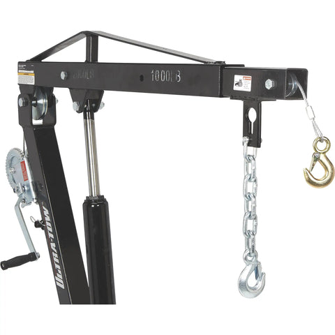 Beast Mode Hydraulic Pickup Truck Crane With 360 Degree Pivot And Integrated Hand Winch Built Legit For Up To Two Thousand Pound Vehicle Load Towing close-up of crane arm with hook and chain.