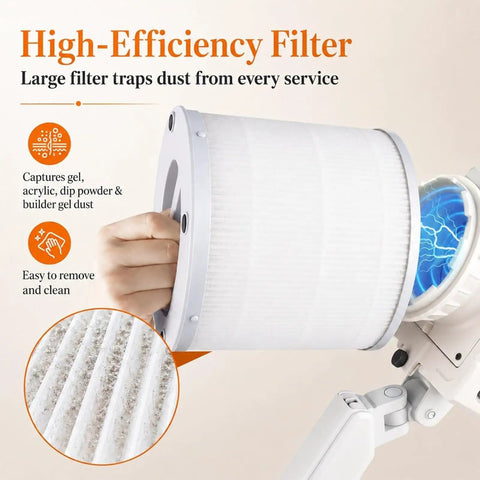 High-efficiency filter for Badass 60W Nail Dust Collector featuring easy removal for dust-free manicure sessions.