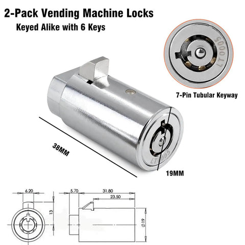 Two Pack Vending Machine Locks Keyed Alike With Six Identical Keys For Soda Snack Candy Machines And ATM Cabinets, High Security Tubular Keyway Cylinder Locks, Zinc Alloy Construction, No-Fuss Access With A Single Key That Opens Both Locks, showing lock measurements and tubular design.