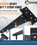 6 Inch T Strap Hinges Heavy Duty Black Wrought Iron Gate Hinges for Wooden Fences and Barn Doors Tough As Nails Corrosion Resistant Anti Rust Thick Iron With Smooth Swing Perfect for Yard Gates and Sheds 2 Pack Set showing black T hinge design with expanded hole.