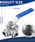 Pack Of Two 1/2 Inch Npt 3-Way L-Port Ball Valve Female Threaded 304 Stainless Steel with blue handle and size details.