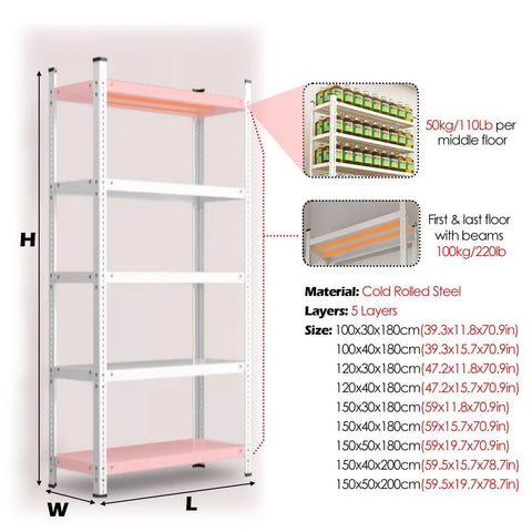 Hella Sturdy Five Tier Floor Standing Storage Rack Heavy Duty Multi Purpose Organizer Shelf with five adjustable layers and cold rolled steel.