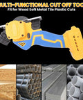 Badass Cordless Cut Off Tool Featuring Heavy Duty Brushless Motor And Hella Fast 19000 Rpm Speed To Rip Through Metal Wood Plastic And Stone With Detachable Dust Shield, showing multi-functional design and cutting capability.