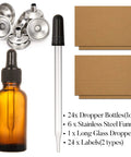Super Durable 24 Pack 1 Oz Amber Glass Eye Dropper Bottles With Stainless Funnels And Label Sheets including dropper and funnels.
