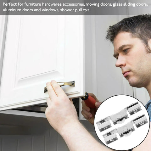 Man installing a cabinet door using an Eight Piece Glass Sliding Door Pulley Roller Kit With Heavy Duty Track Guide For Closets And Windows Slick Smooth Gliding Mechanism No Sweat Installation For Home Repair Projects.