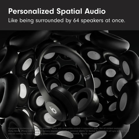 Solo 4 Wireless Bluetooth On-Ear Headphones Serving Serious Heat And 50-Hour Battery Life For Your Daily Ride Built With Ultra Lightweight Flex-Grip Cushions And Immersive Spatial Audio Technology In Matte Black, showcased with spatial audio background.