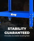 Blue multi purpose shop stand with adjustable height from 31 to 39 inches, beefy 12 and 16 gauge steel table, and four levelers.