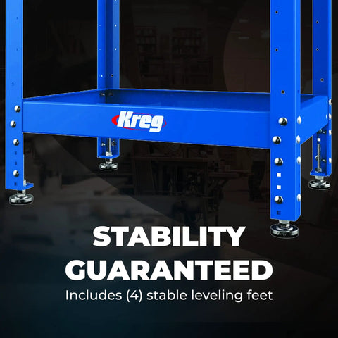 Blue multi purpose shop stand with adjustable height from 31 to 39 inches, beefy 12 and 16 gauge steel table, and four levelers.
