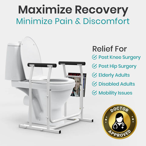 Heavy Duty Toilet Safety Rail With Arms Providing Top Shelf Bathroom Support for post-surgery recovery and mobility.