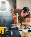 Man using a power tool with inset of Flat Head Rivet Nuts With Knurled Bodies Stainless Steel 40 Piece Pro Grade Threaded Rivet Nut Kit