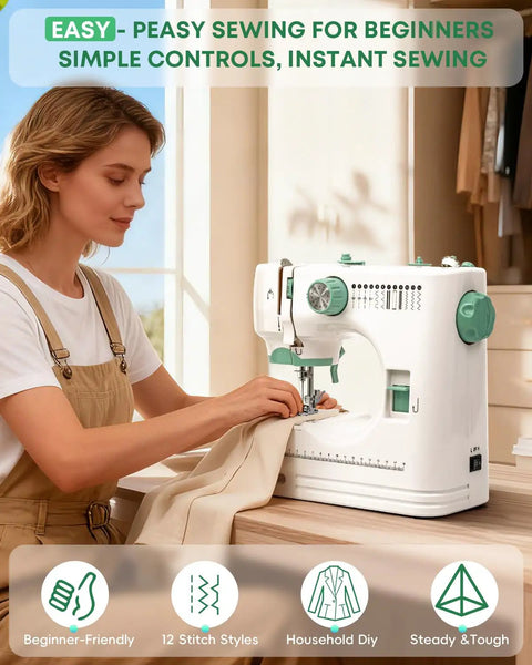 Solid Pick Portable Mini Sewing Machine For Beginners Featuring 12 Built In Stitches And Easy Hook Up Foot Pedal, in use for mending fabric.