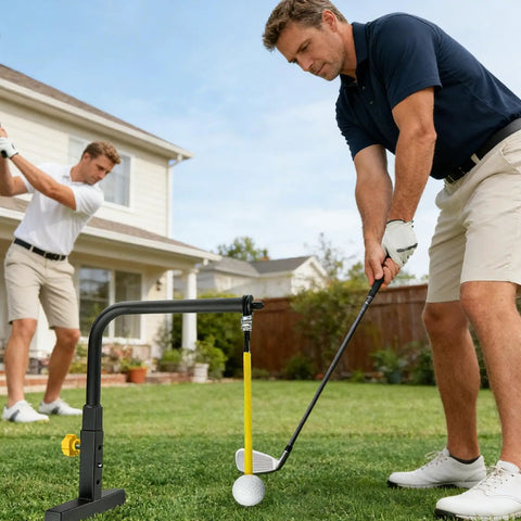 Two men using Dope Adjustable Golf Swing Trainer Stand For Outdoor Practice in garden, focusing on alignment and muscle memory building