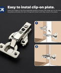 Heavy Duty Full Overlay Soft Close Cabinet Hinges Sixty Pack showing installation steps with clip-on plate and mounting parts