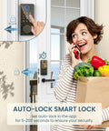 Keyless Entry Smart Deadbolt Lock Featuring Fingerprint Touchscreen And Smartphone App Control For Quick Home Or Office Security No Sweat Install, woman using touchscreen lock.