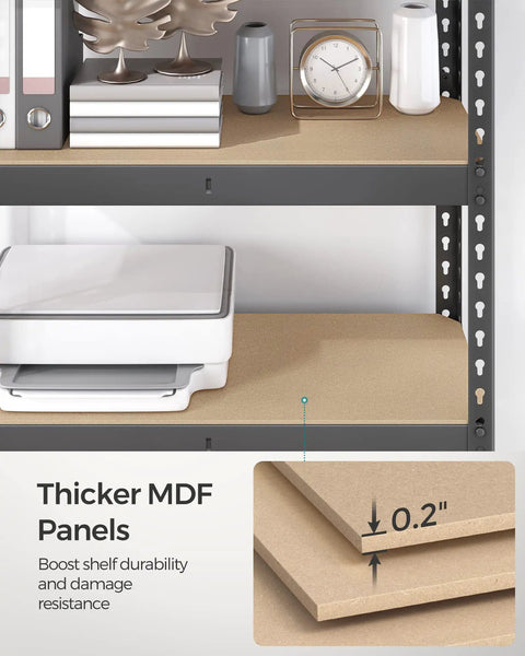 Thicker MDF panels on Hella Sturdy Five Tier Storage Shelves Heavy Duty Adjustable Metal Rack showcasing durability for garage use.