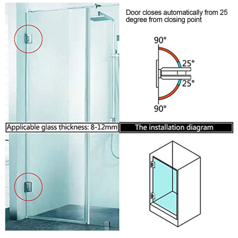 Installation diagram of Two Pack 90 Degree Frameless Shower Door Hinges Beefy Heavy Duty Stainless Steel Gate Clamps for 8 to 12 mm glass