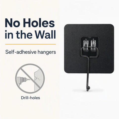 Heavy Duty Black Adhesive Wall Hooks Peel And Stick Hangers No Mess Quick Install For Entryway, showing self-adhesive design with no drill holes.
